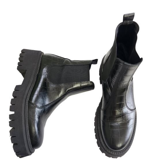 Schuh Womens Avelina Leather Chunky Chelsea Boots Size US 9 Black Croc Leather - Picture 3 of 15
